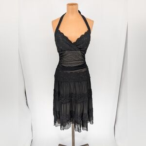 Vintage Y2K Trixxi Black Mesh Burnout Lace Halter Mini Dress Size Medium USA